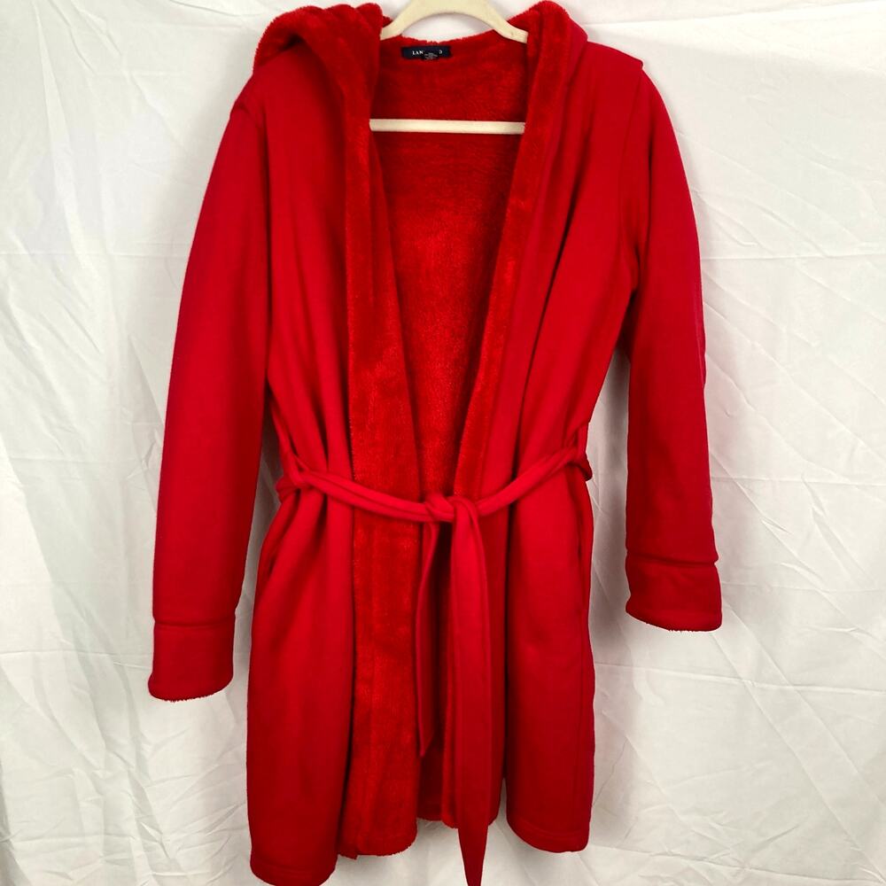 Lands End Womens XS FLAW Red Plush Fleece Lined Bath Robe Winter Cozy Spa Lounge